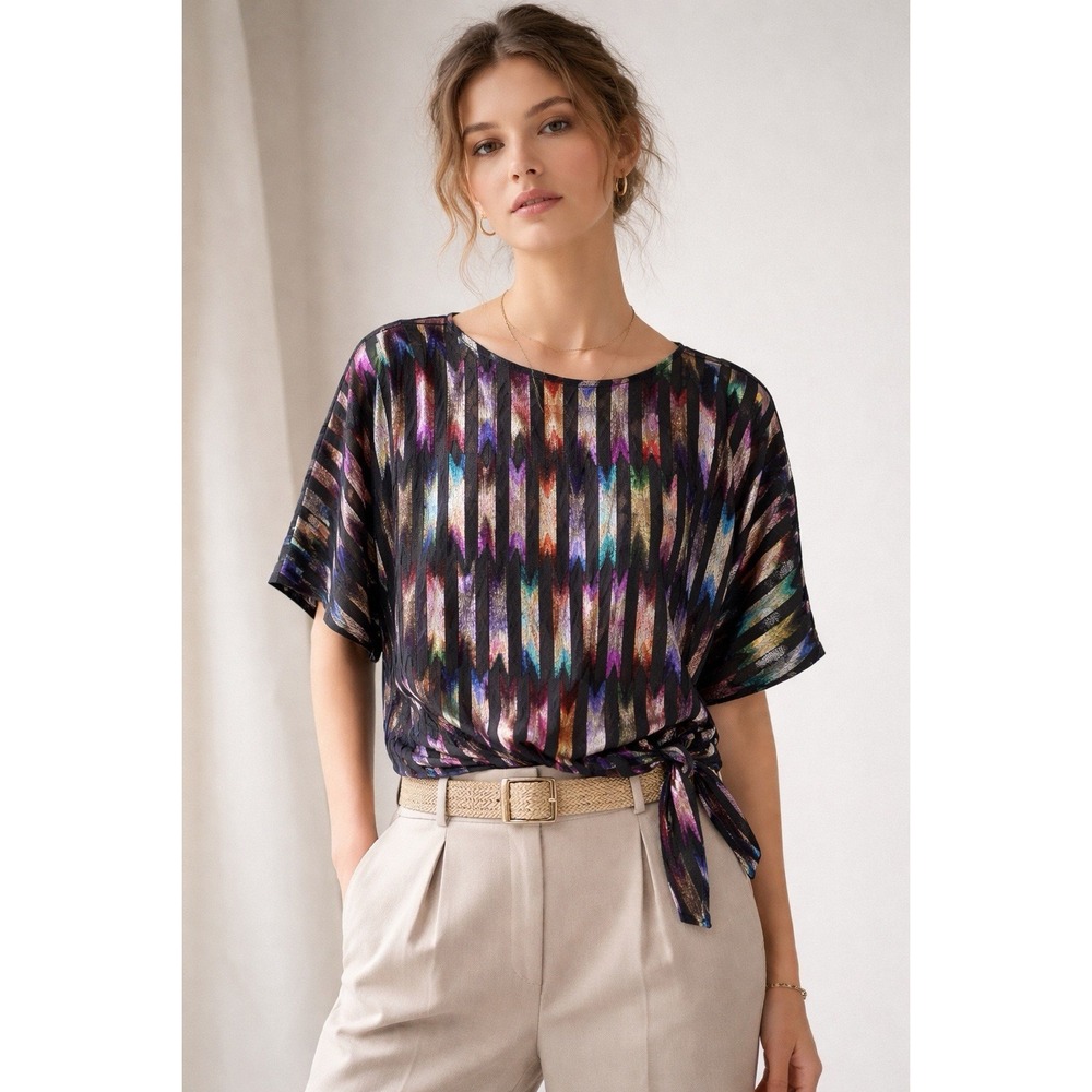 Y2K Abstract Multicolor Short Sleeve Top Womens Large 90s Style